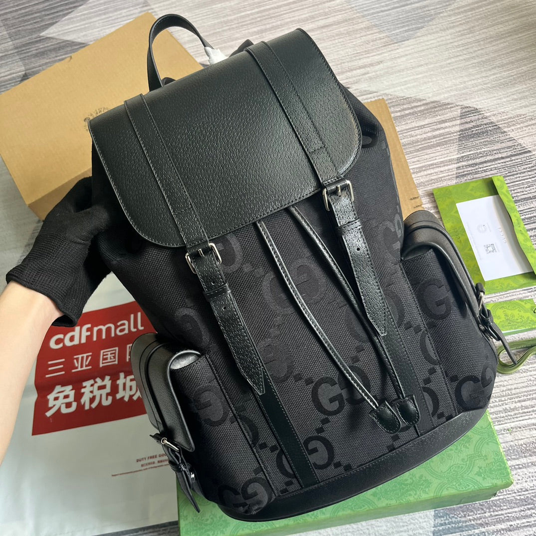 Luxury Gucci GG OPHIDIA LARGE 42 BACKPACK IN BLACK CANVAS AND CALFSKIN