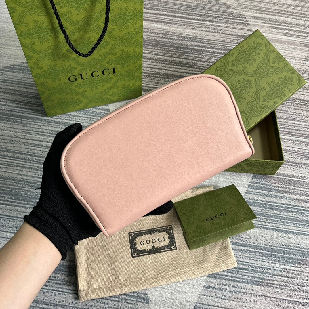 Luxury Gucci GG BLONDIE 21 FULL ZIP WALLET IN LIGHT PINK CALFSKIN