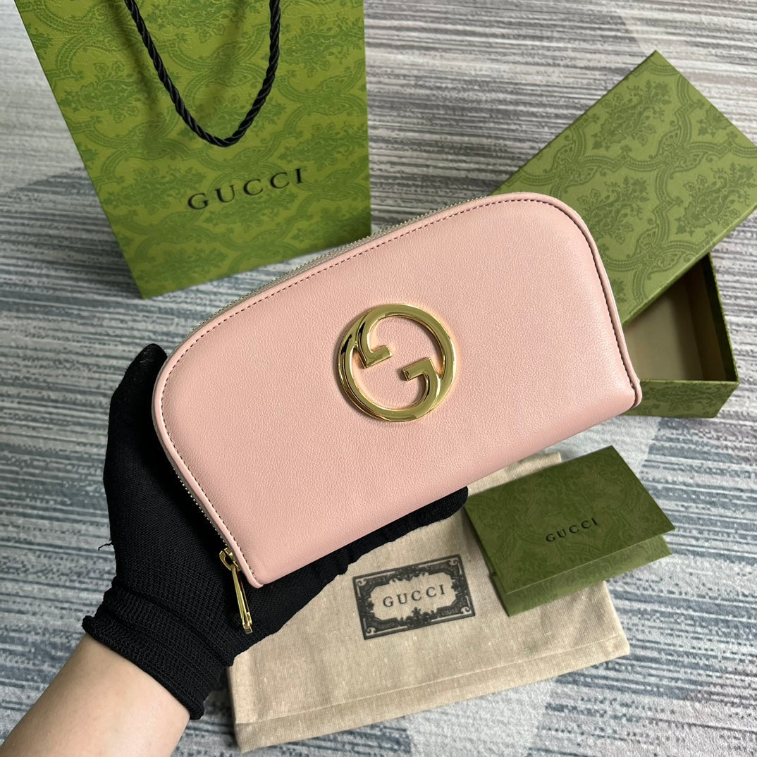 Luxury Gucci GG BLONDIE 21 FULL ZIP WALLET IN LIGHT PINK CALFSKIN