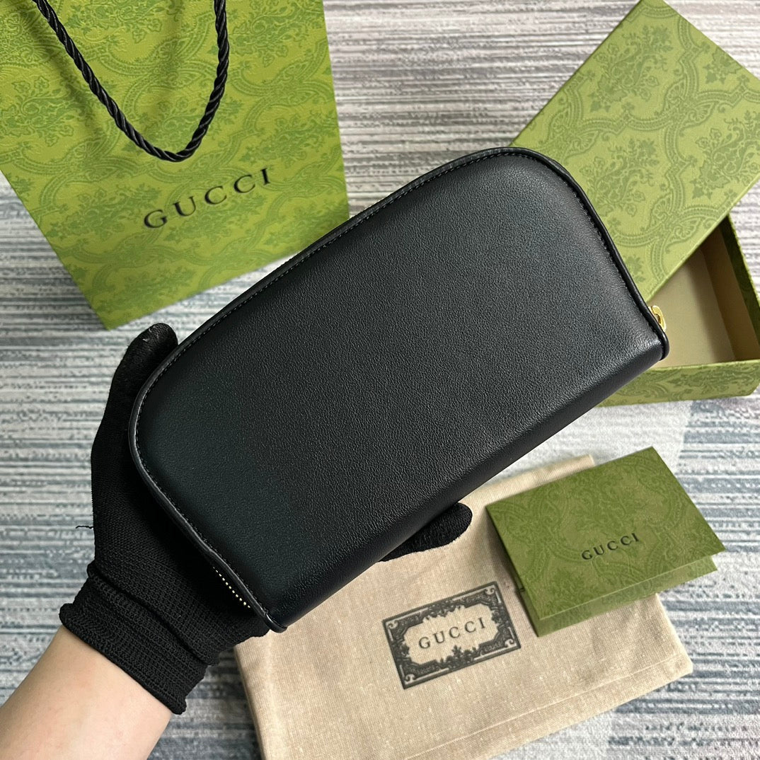 Luxury Gucci GG BLONDIE 21 FULL ZIP WALLET IN BLACK CALFSKIN