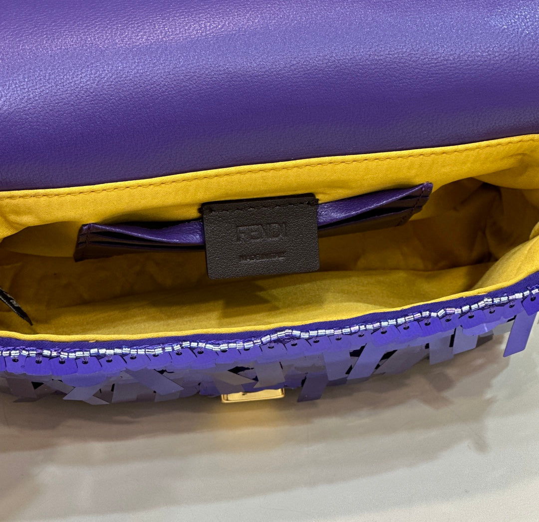 Luxury FendiBAGUETTE MINI 19 IN GRAPE JELLY SEQUINS GOLD HARDWARE
