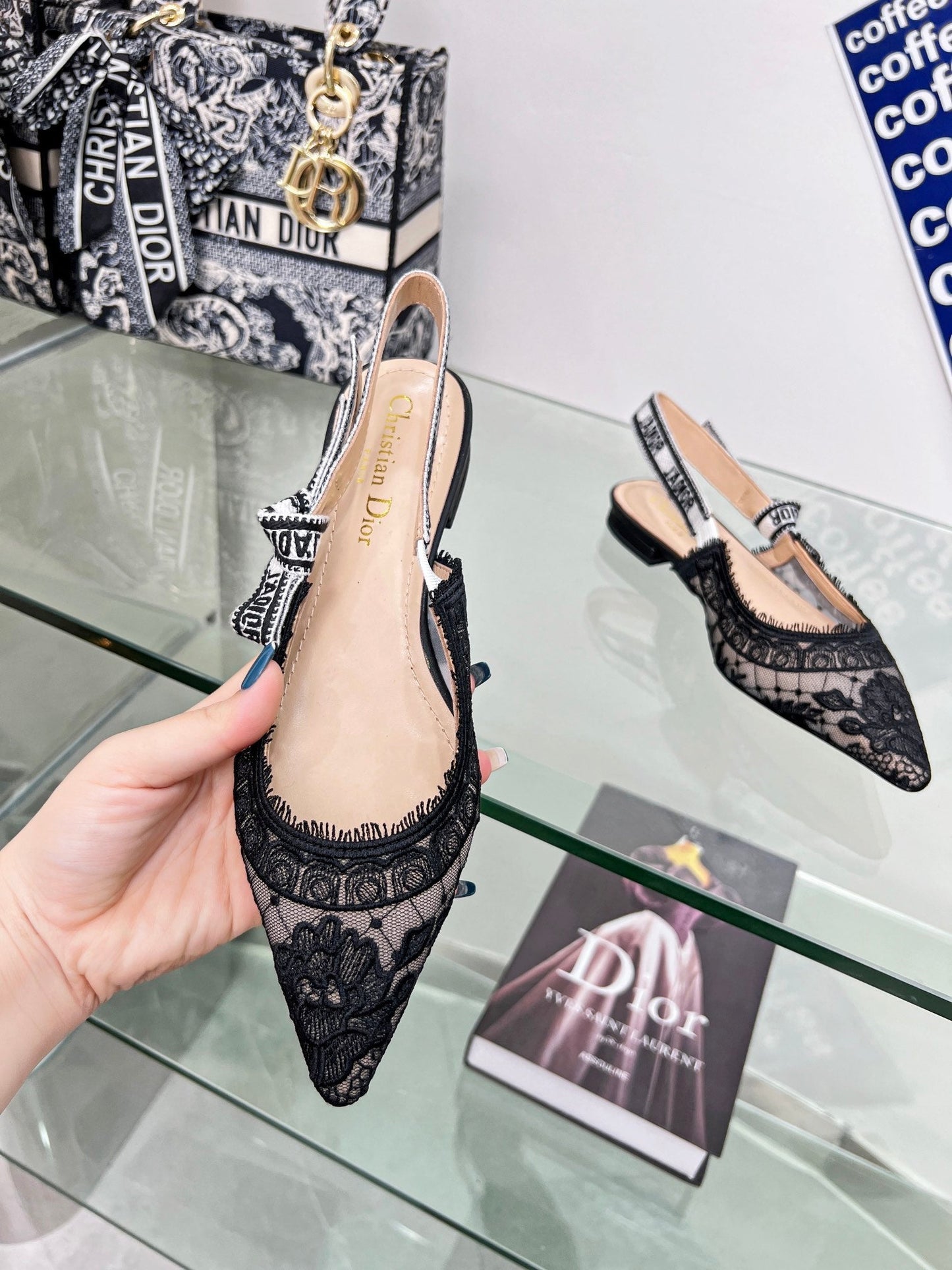Luxury Diorslingback flat transparent mesh embroidered black flower moitf