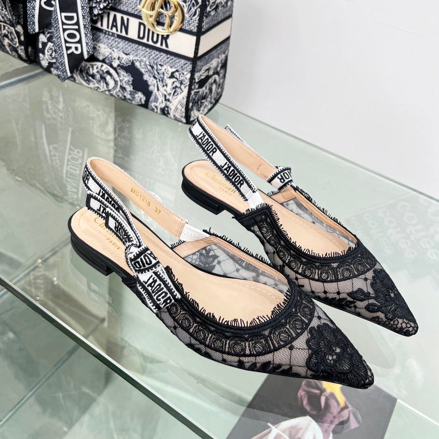 Luxury Diorslingback flat transparent mesh embroidered black flower moitf