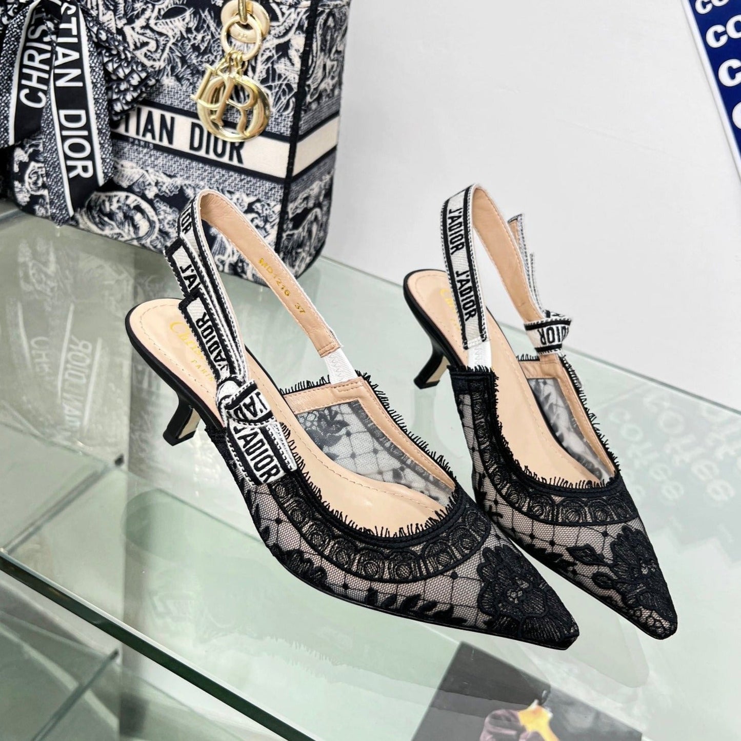 Luxury Diorslingback pump 65 transparent mesh embroidered black flower moitf