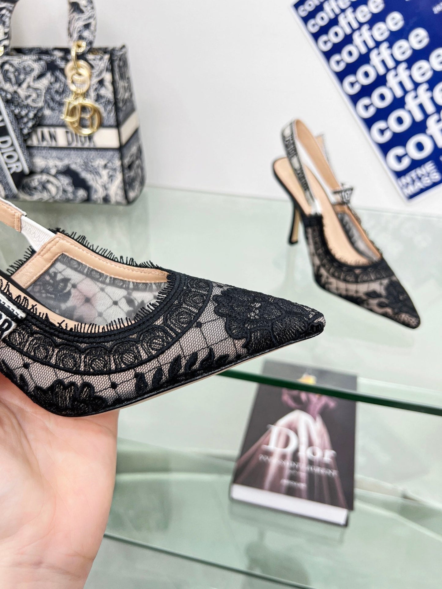 Luxury Diorslingback pump 95 transparent mesh embroidered black flower moitf