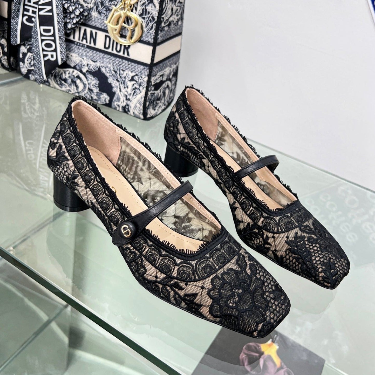 Luxury Diormary jane transparent mesh embroidered black flower motif