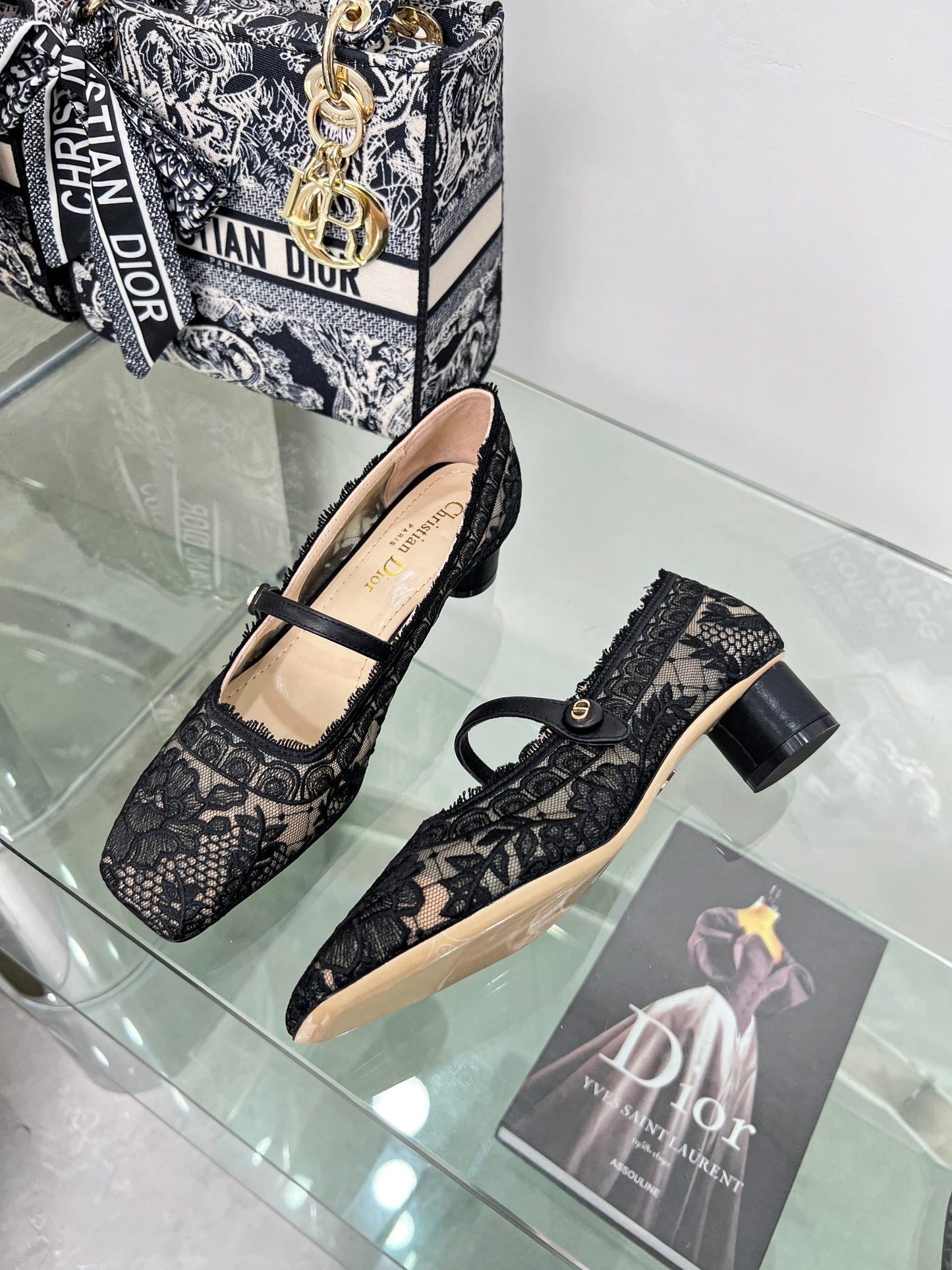 Luxury Diormary jane transparent mesh embroidered black flower motif