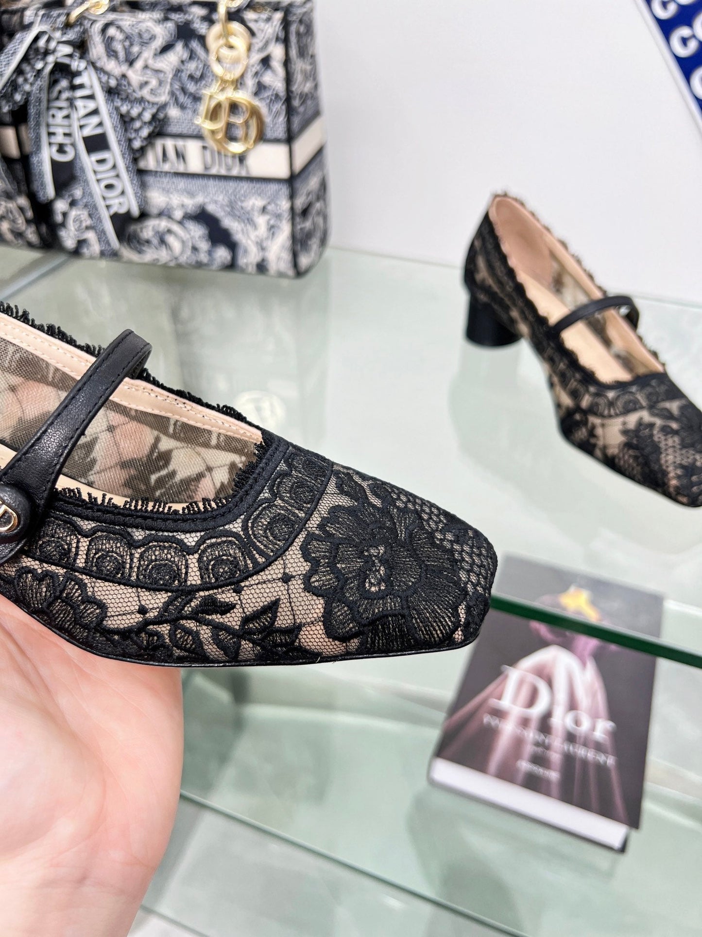 Luxury Diormary jane transparent mesh embroidered black flower motif