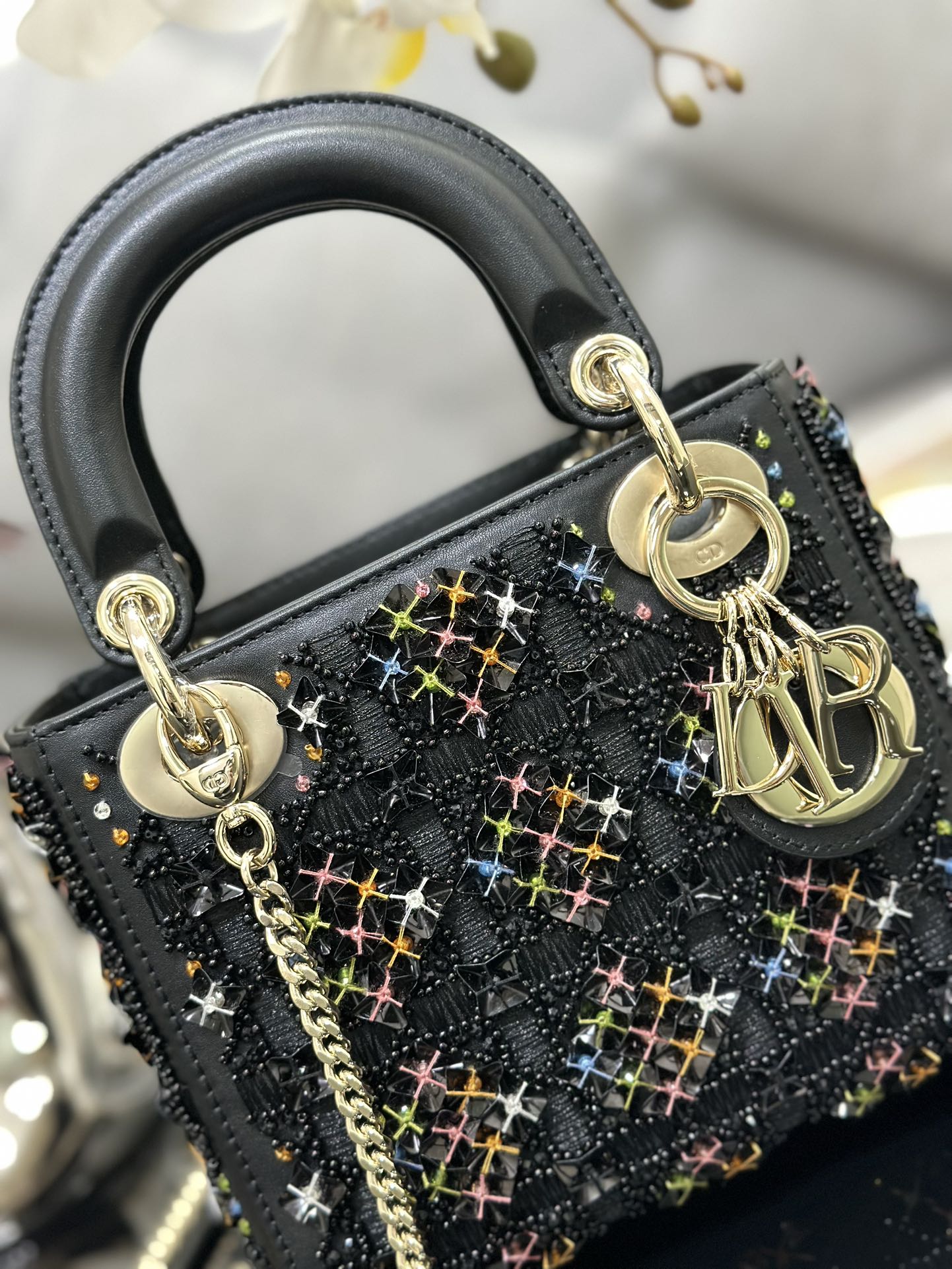 Luxury DiorMini Lady 17 Black Lambskin Black Beads