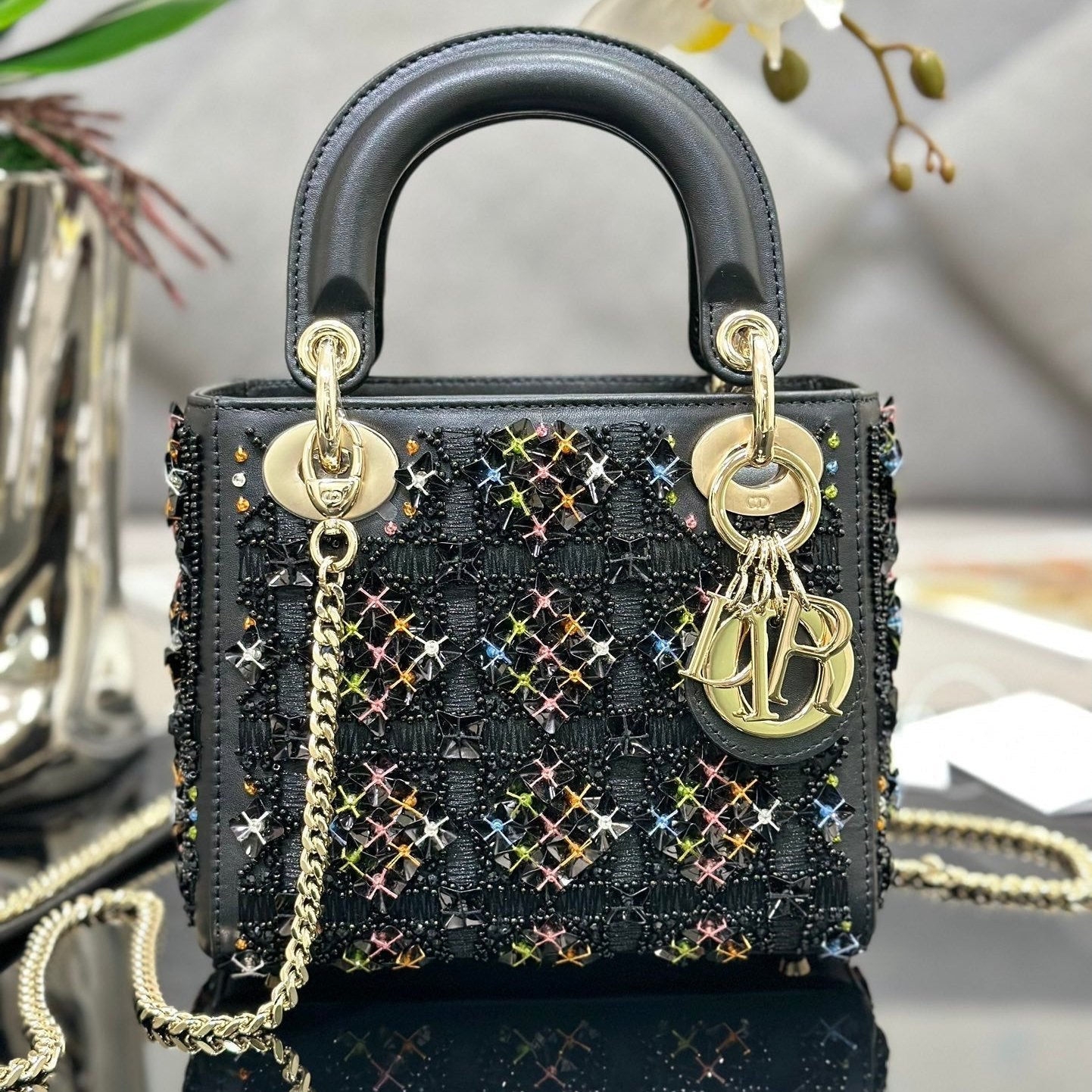Luxury DiorMini Lady 17 Black Lambskin Black Beads