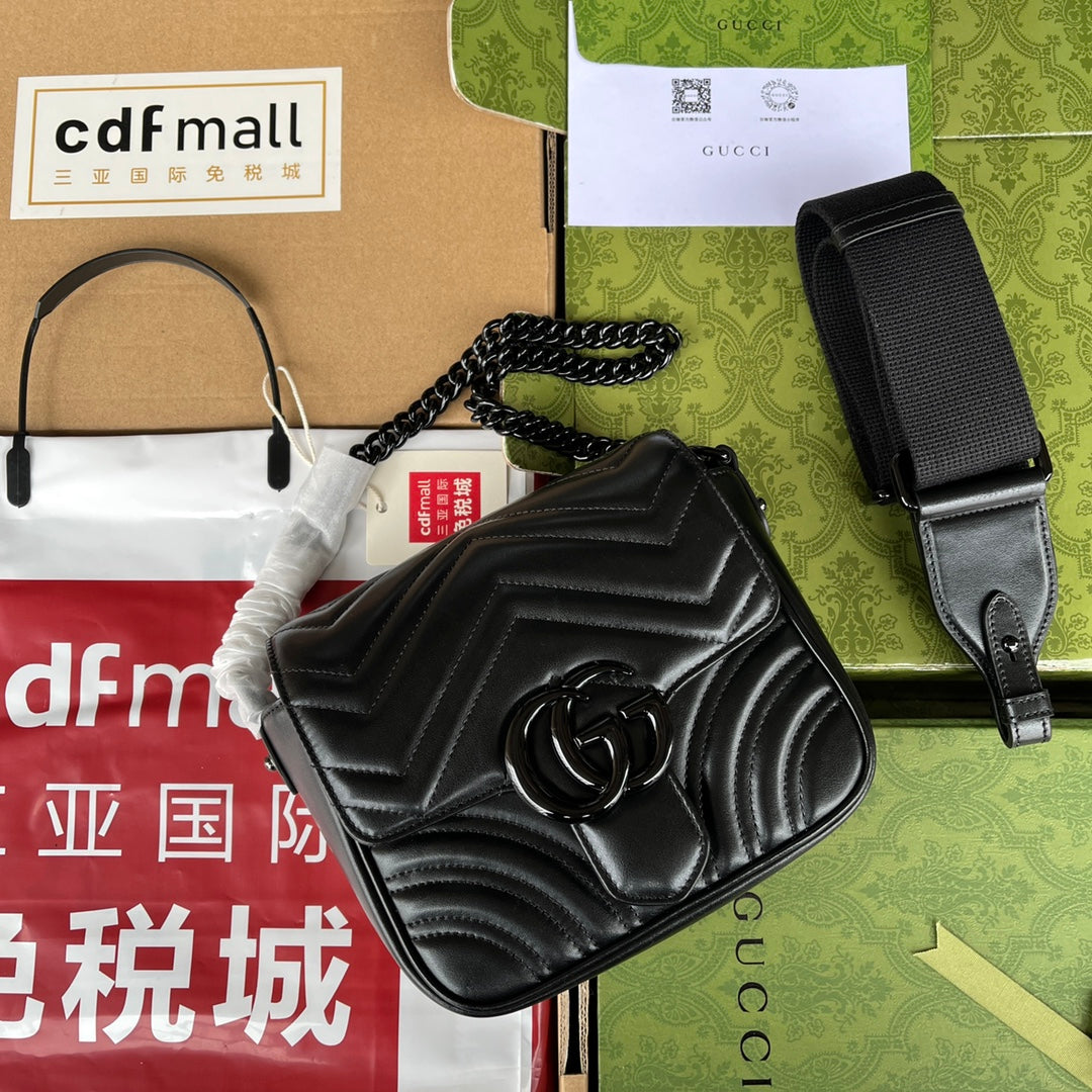 Luxury Gucci gg marmont mini 18cm all black calfskin