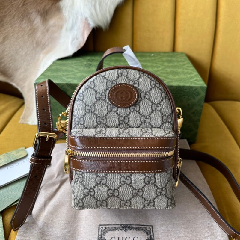 Luxury Gucci GG MULTI-FUNCTION MINI 19 BACKPACK IN BEIGE AND BROWN CANVAS