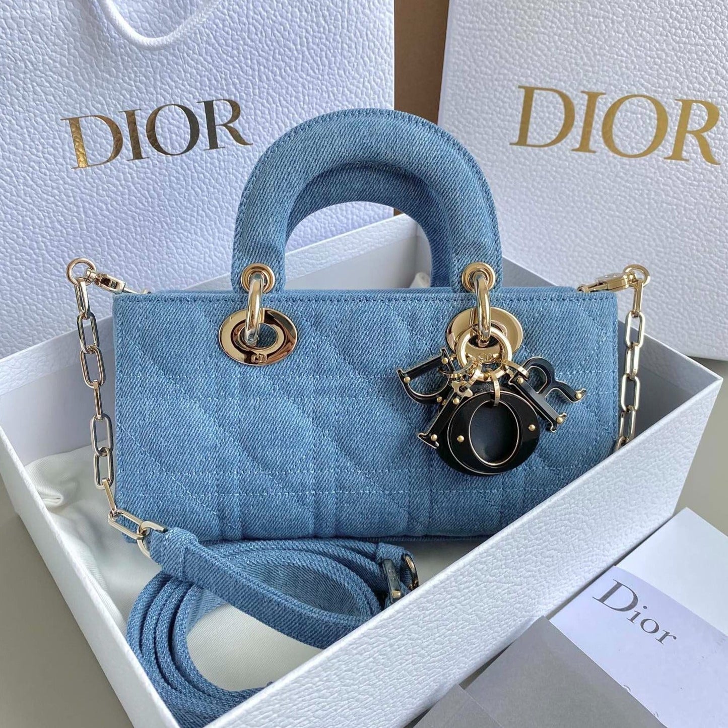 Luxury DiorD-JOY BAG 22 IN LIGHT BLUE MACROCANNAGE DENIM