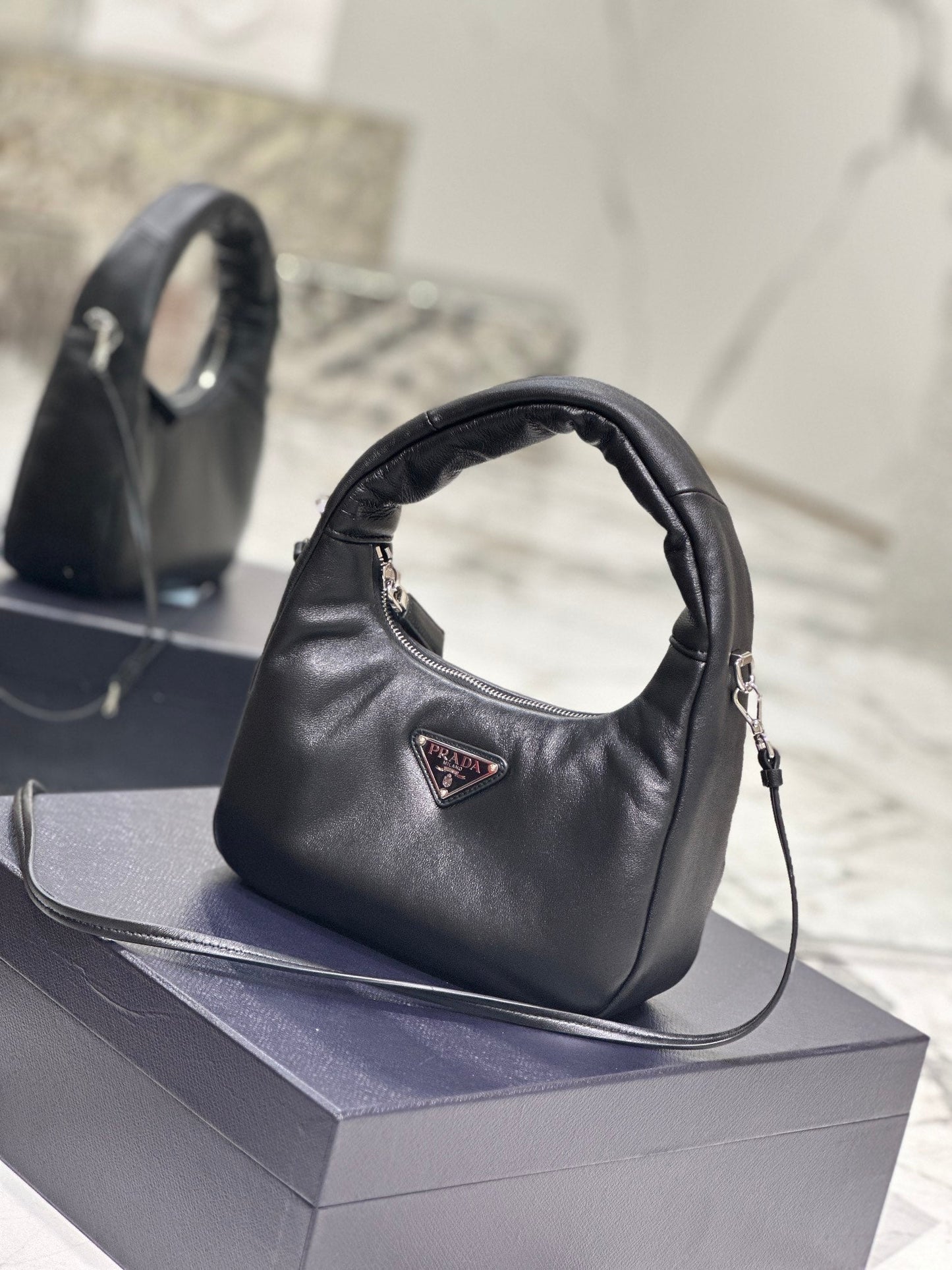 Luxury PradaHOBO BAG 21 IN BLACK SOFT LAMBSKIN