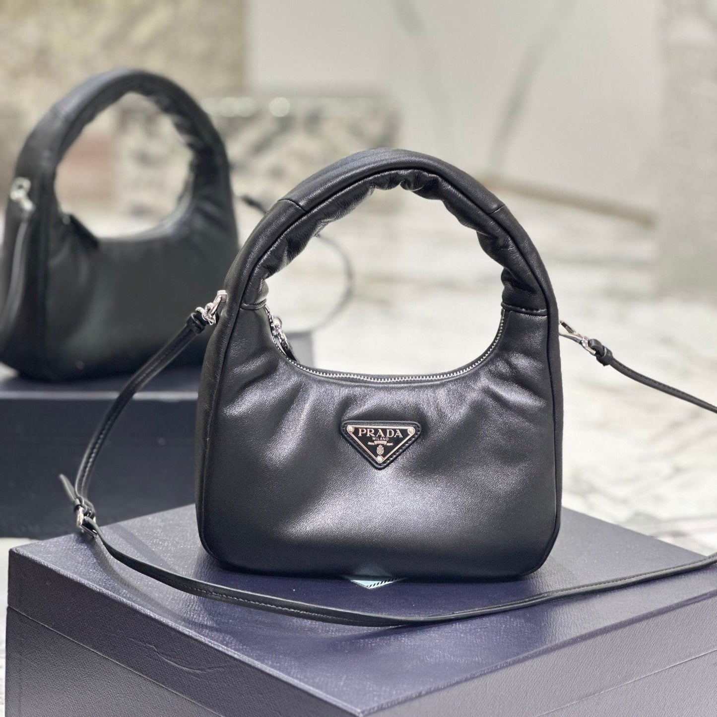 Luxury PradaHOBO BAG 21 IN BLACK SOFT LAMBSKIN