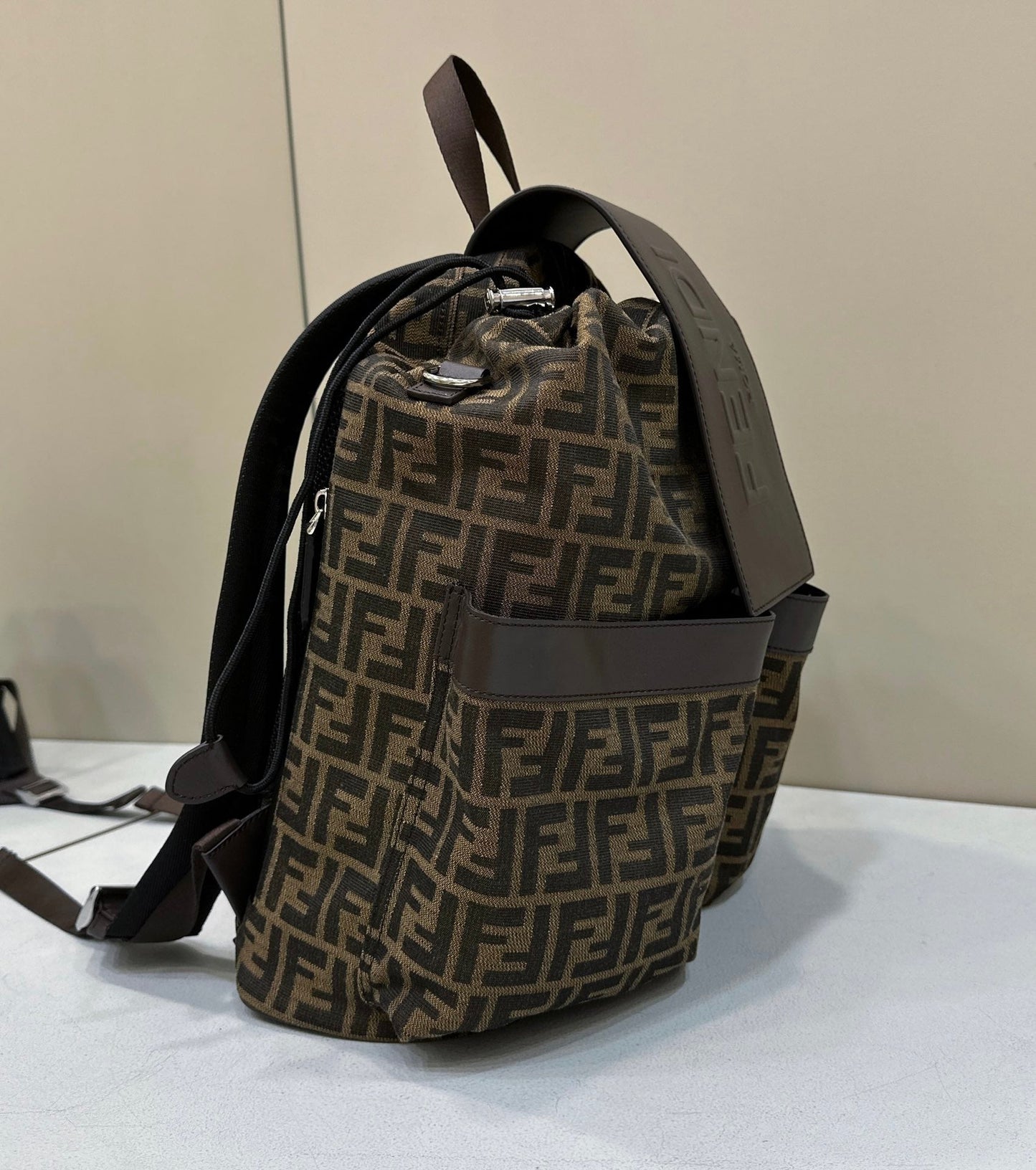 Luxury FendiLuxury FendiSTRIKE 41 MEDIUM FF MOCHA BROWN JACQUARD FABRIC BACKPACK