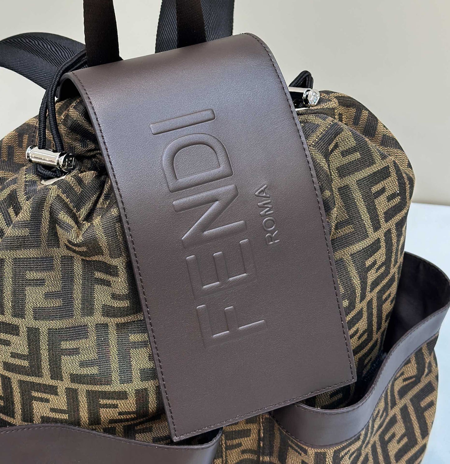 Luxury FendiLuxury FendiSTRIKE 41 MEDIUM FF MOCHA BROWN JACQUARD FABRIC BACKPACK