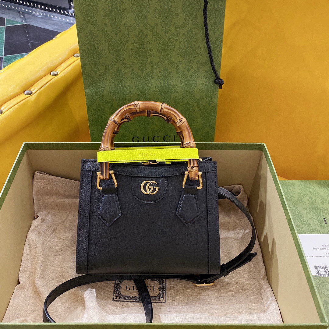 Luxury Gucci GG Diana Mini 20 Black Textured-Leather Tote Bag