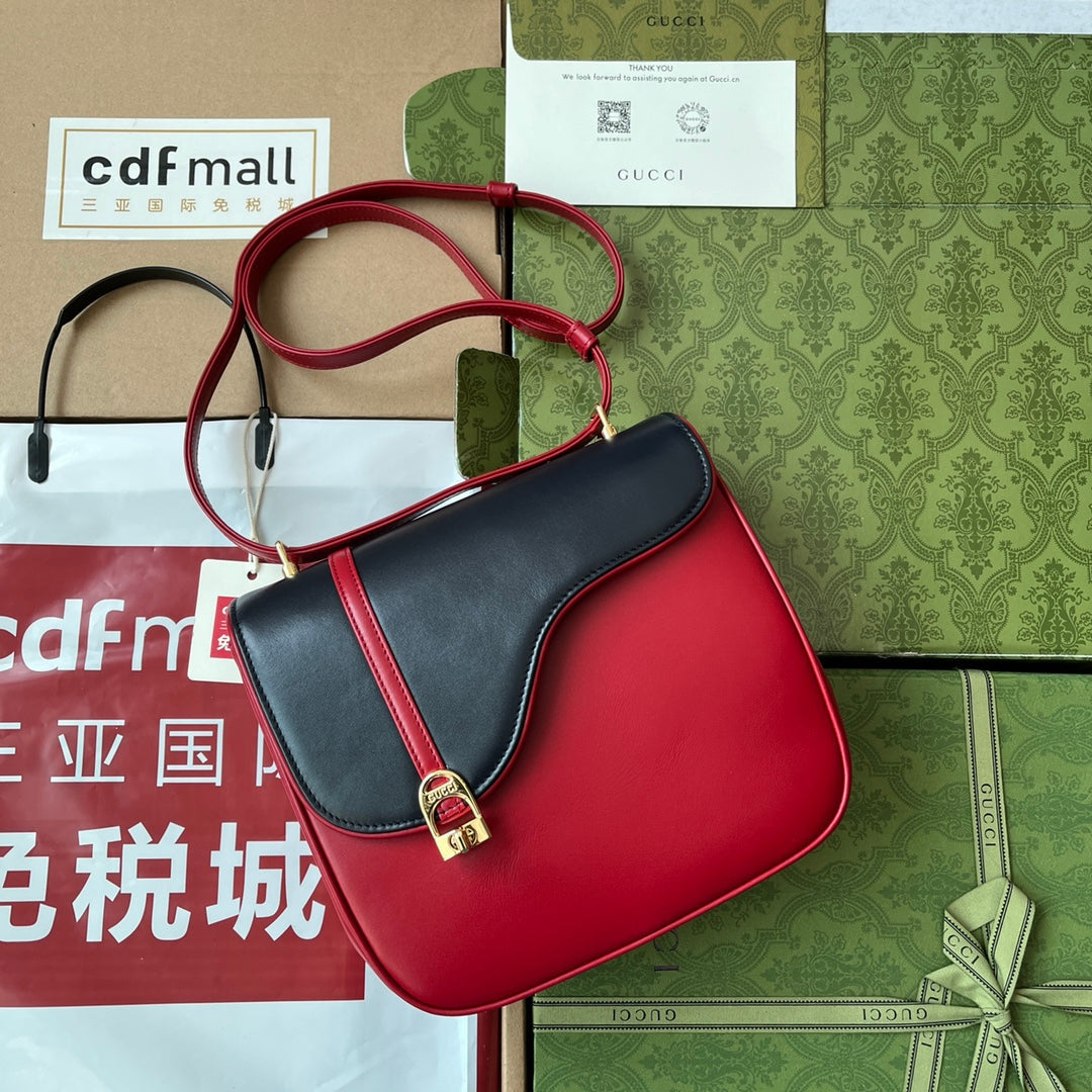 Luxury Gucci EQUESTRIAN STYLE SHOULDER BAG 21 IN RED MIX BLACK CALFSKIN GOLD HARDWARE