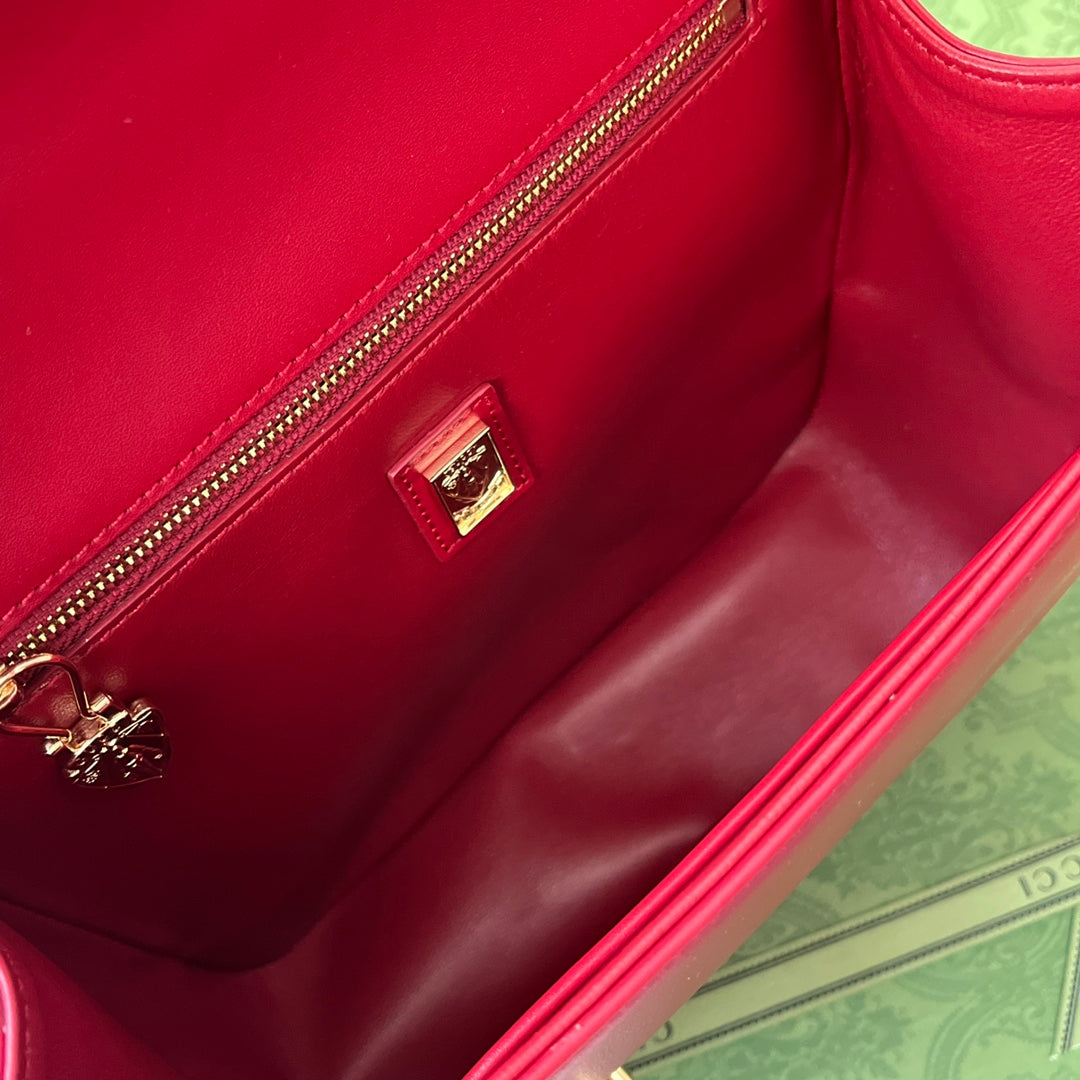 Luxury Gucci EQUESTRIAN STYLE SHOULDER BAG 21 IN RED MIX BLACK CALFSKIN GOLD HARDWARE