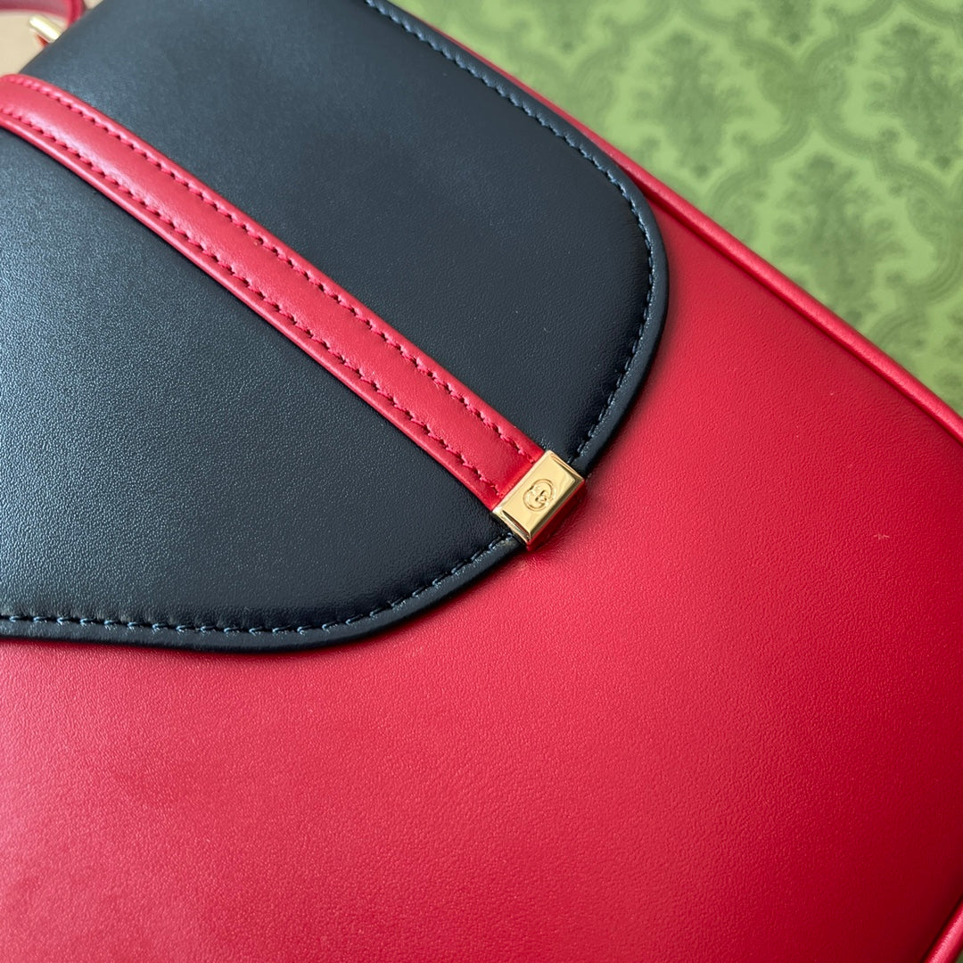 Luxury Gucci EQUESTRIAN STYLE SHOULDER BAG 21 IN RED MIX BLACK CALFSKIN GOLD HARDWARE