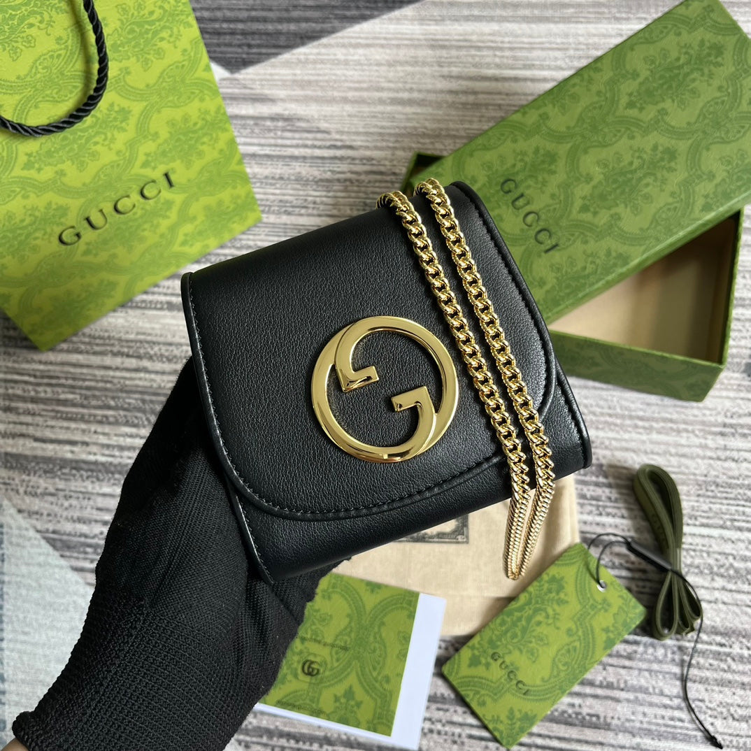 Luxury Gucci BLONDIE INTERLOCK MINI SHOULDER BAG 12 IN BLACK CALFSKIN GOLD CHAIN
