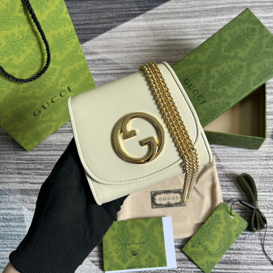 Luxury Gucci BLONDIE INTERLOCK MINI SHOULDER BAG 12 IN WHITE CALFSKIN GOLD CHAIN