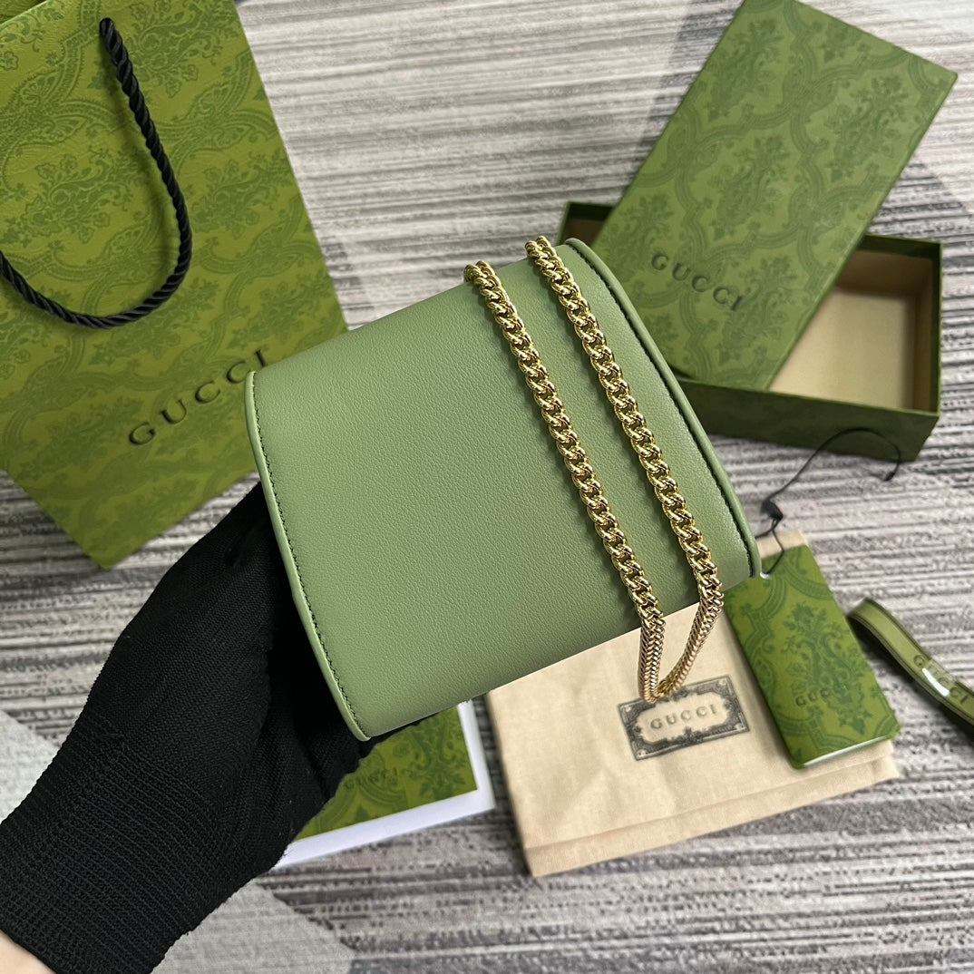 Luxury Gucci BLONDIE INTERLOCK MINI SHOULDER BAG 12 IN GREEN CALFSKIN GOLD CHAIN