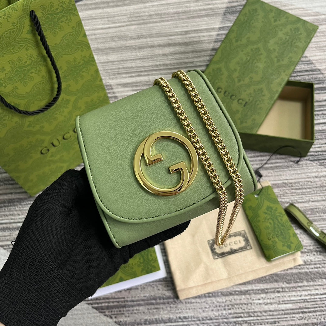 Luxury Gucci BLONDIE INTERLOCK MINI SHOULDER BAG 12 IN GREEN CALFSKIN GOLD CHAIN