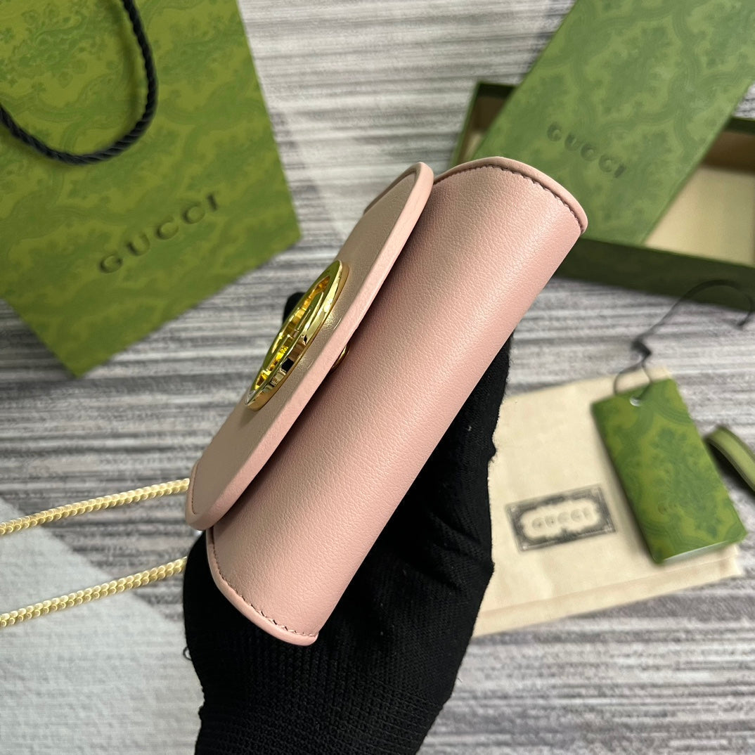 Luxury Gucci BLONDIE INTERLOCK MINI SHOULDER BAG 12 IN LIGHT PINK CALFSKIN GOLD CHAIN