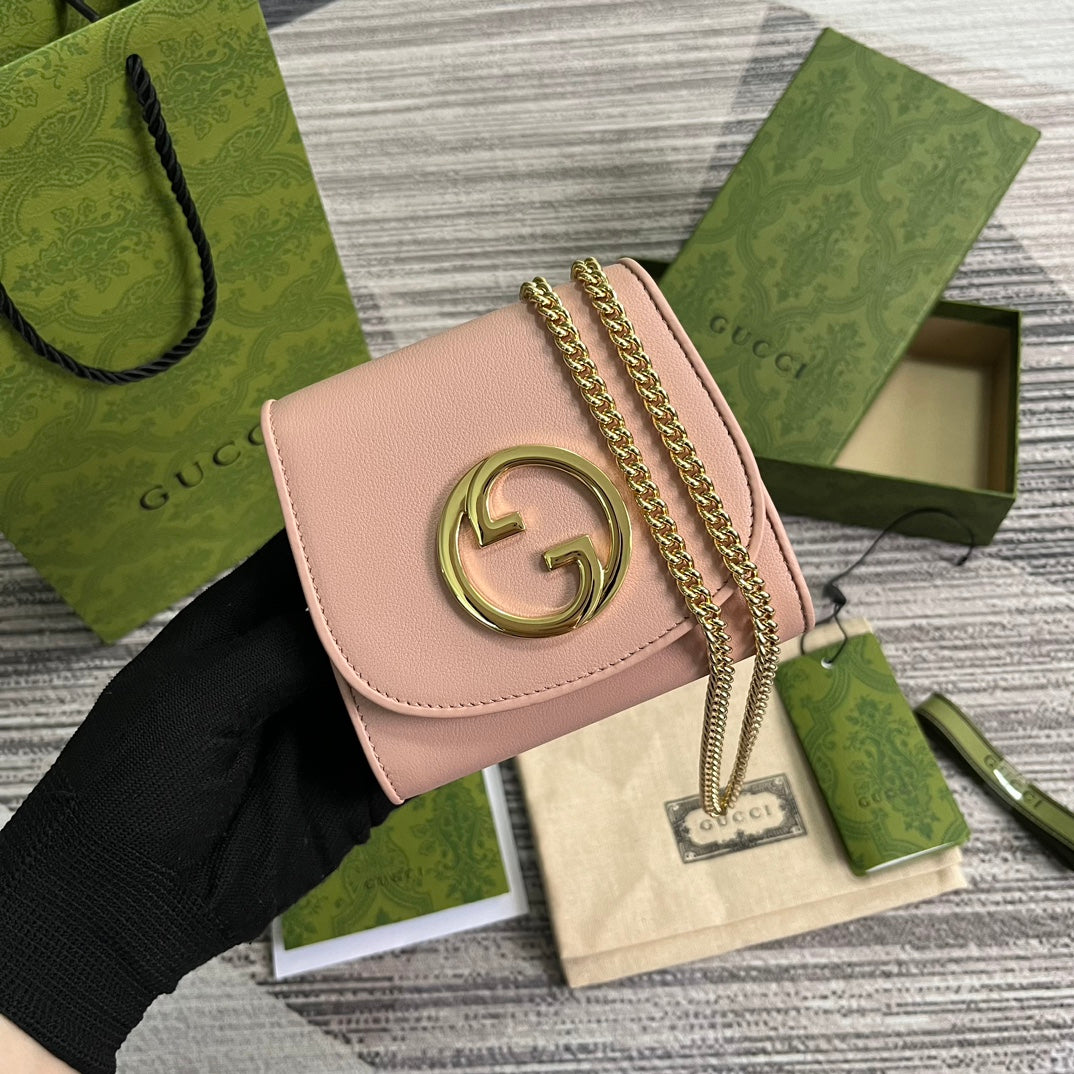 Luxury Gucci BLONDIE INTERLOCK MINI SHOULDER BAG 12 IN LIGHT PINK CALFSKIN GOLD CHAIN