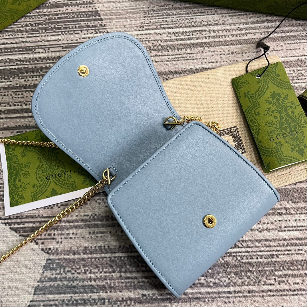 Luxury Gucci BLONDIE INTERLOCK MINI SHOULDER BAG 12 IN SKY BLUE CALFSKIN GOLD CHAIN