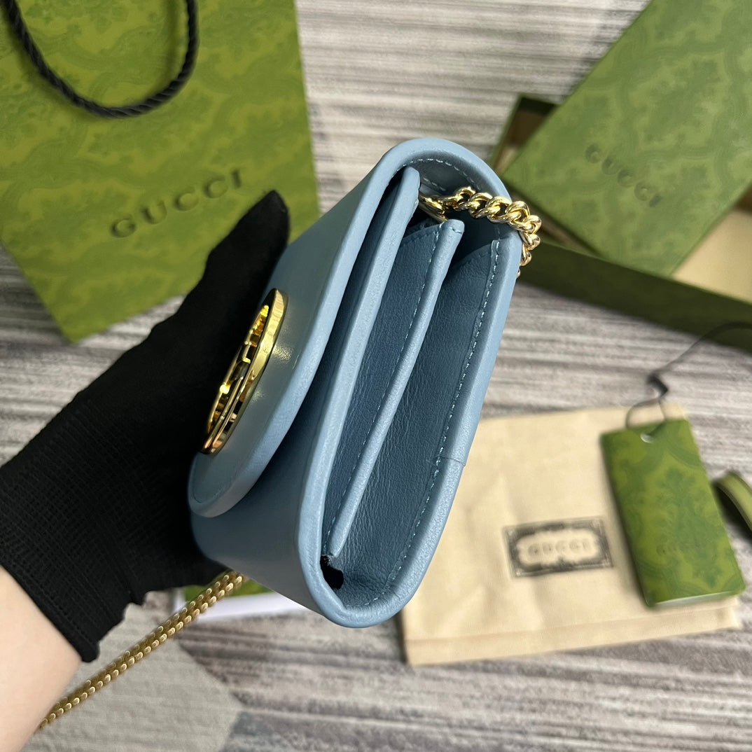 Luxury Gucci BLONDIE INTERLOCK MINI SHOULDER BAG 12 IN SKY BLUE CALFSKIN GOLD CHAIN