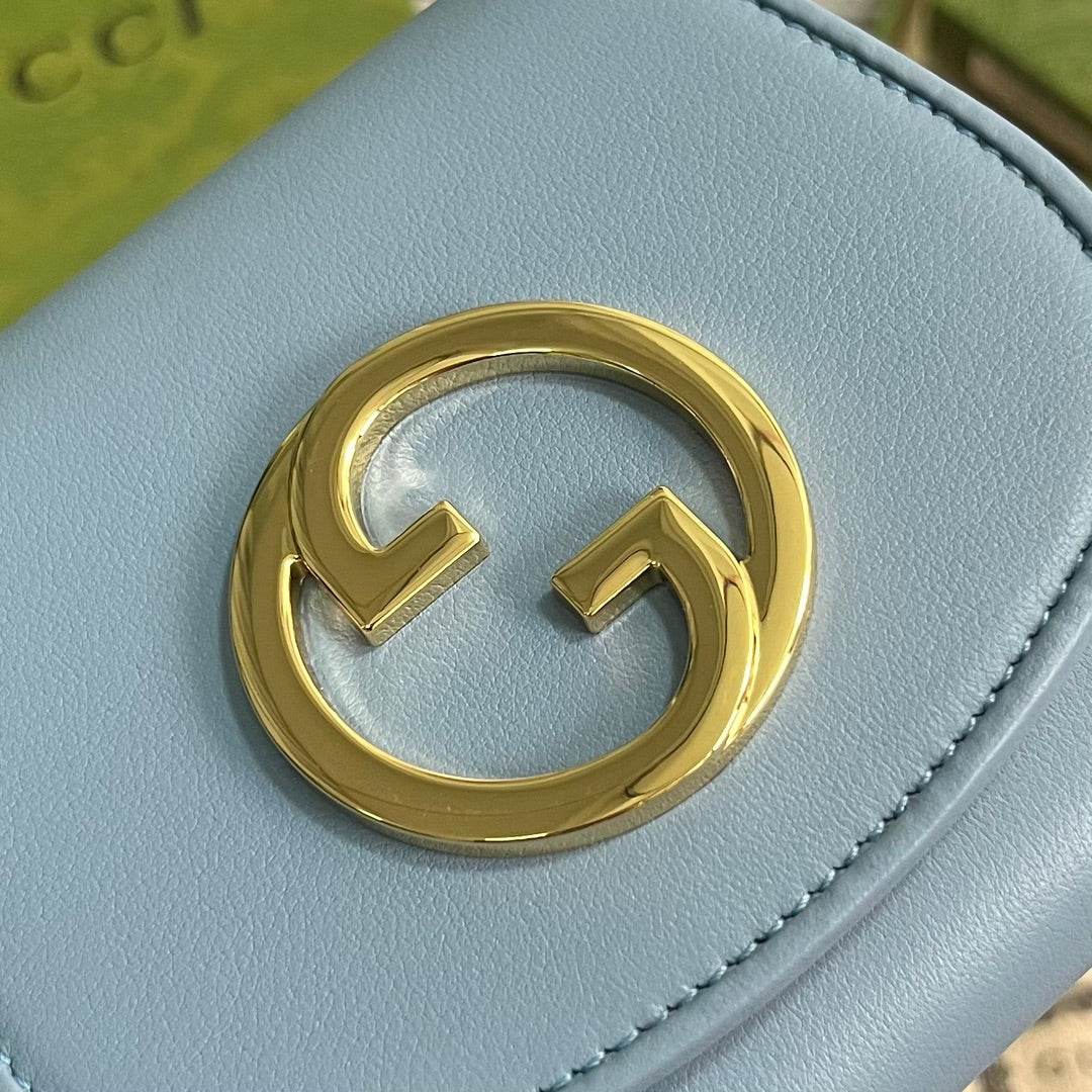 Luxury Gucci BLONDIE INTERLOCK MINI SHOULDER BAG 12 IN SKY BLUE CALFSKIN GOLD CHAIN
