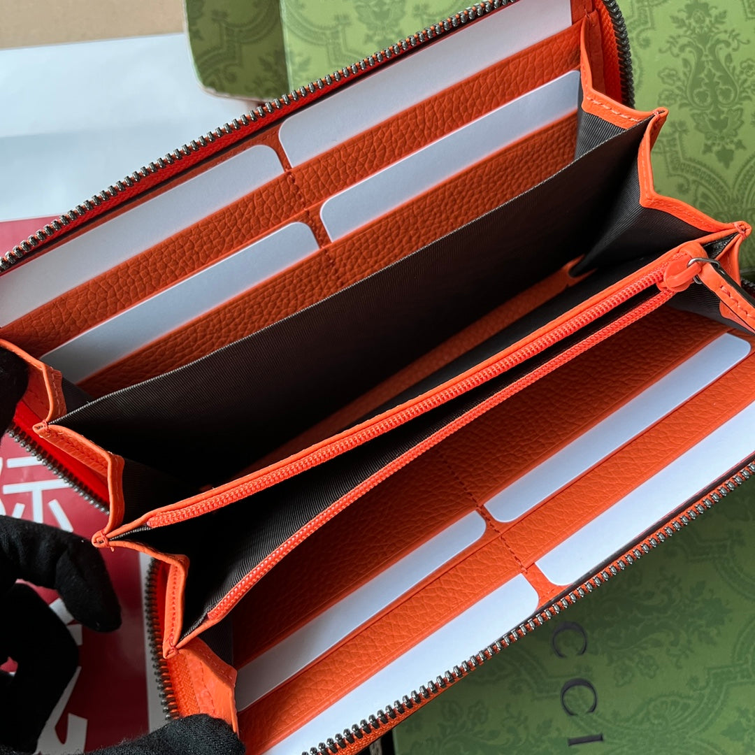 Luxury Gucci FULL-ZIP WALLET 19 IN ORANGE EMBOSSED CALFSKIN
