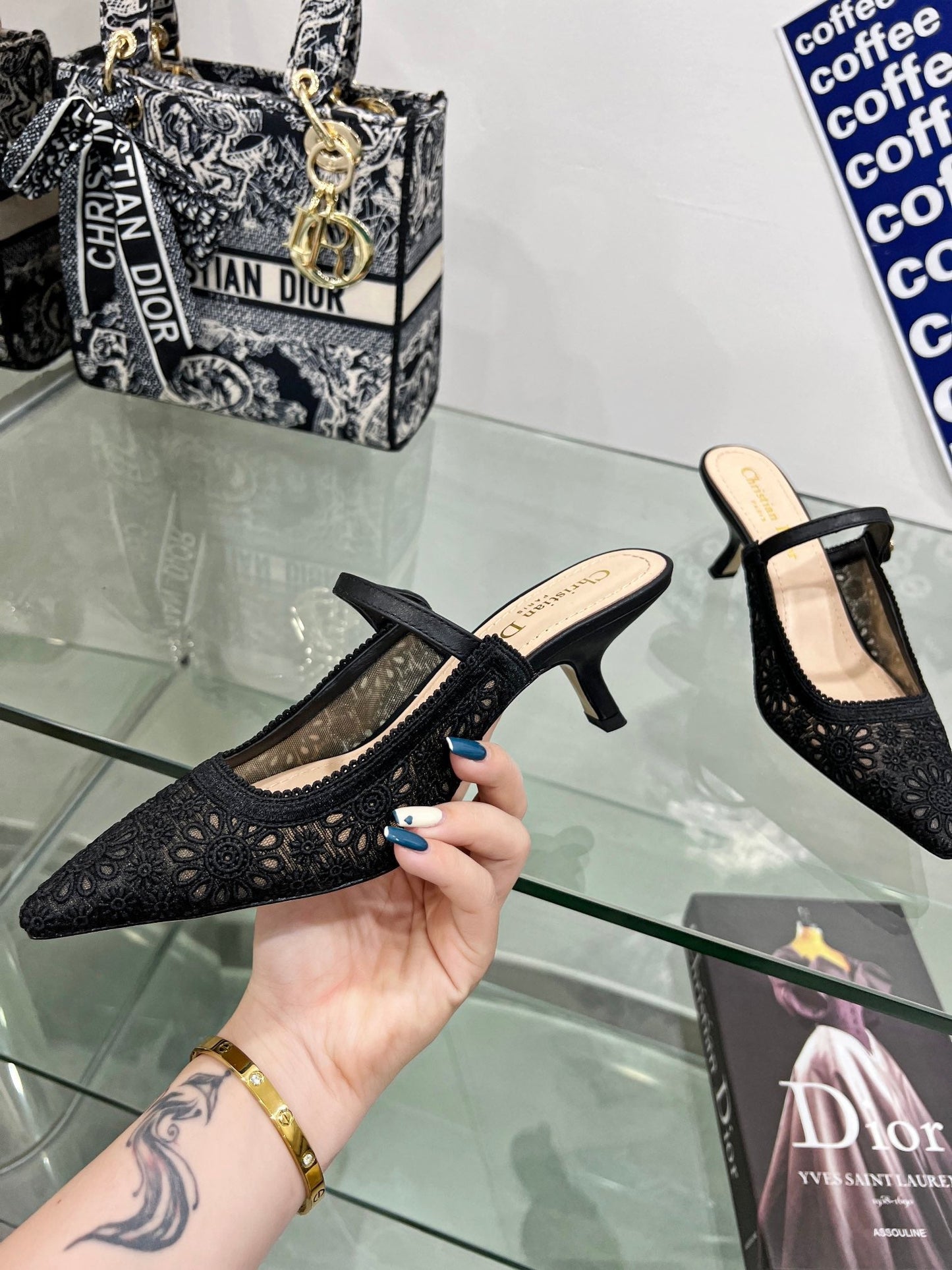 Luxury Diorpump 65 transparent mesh embroidered black flower moitf