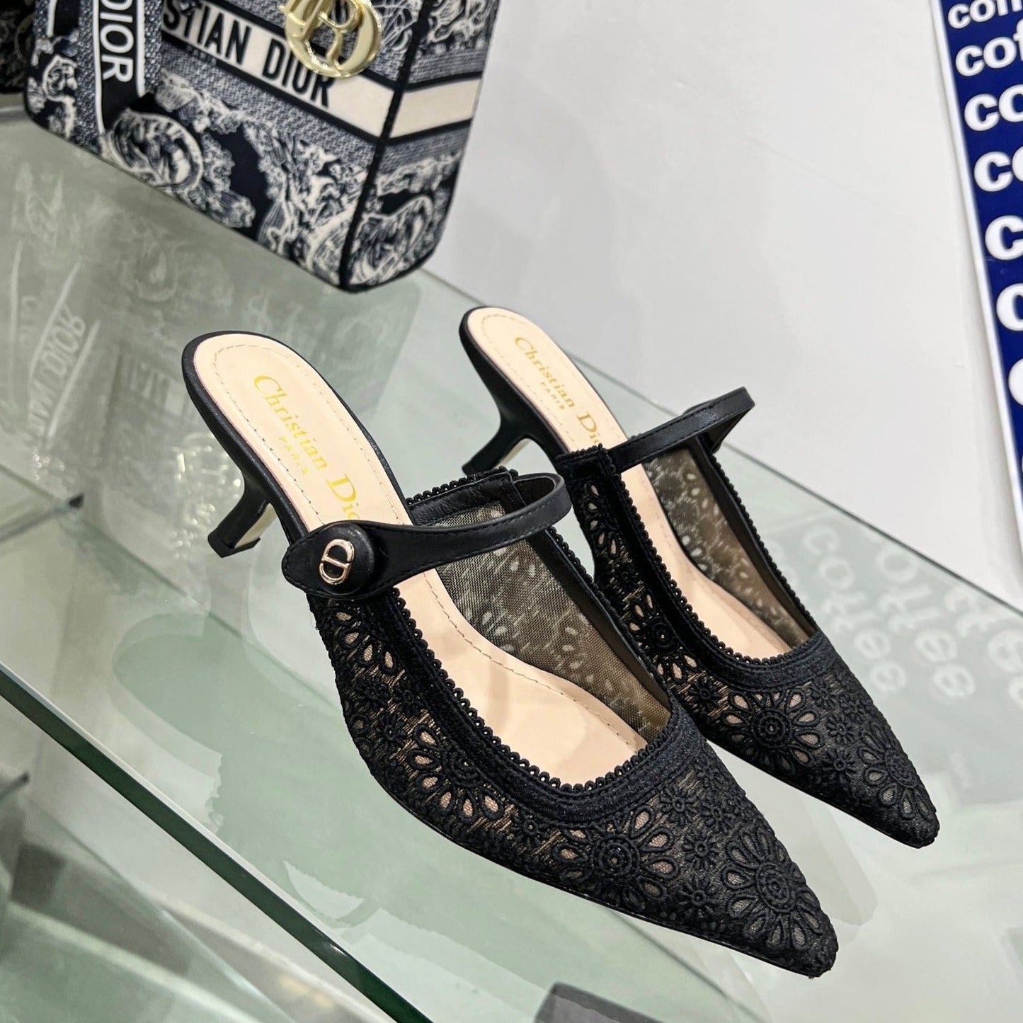 Luxury Diorpump 65 transparent mesh embroidered black flower moitf
