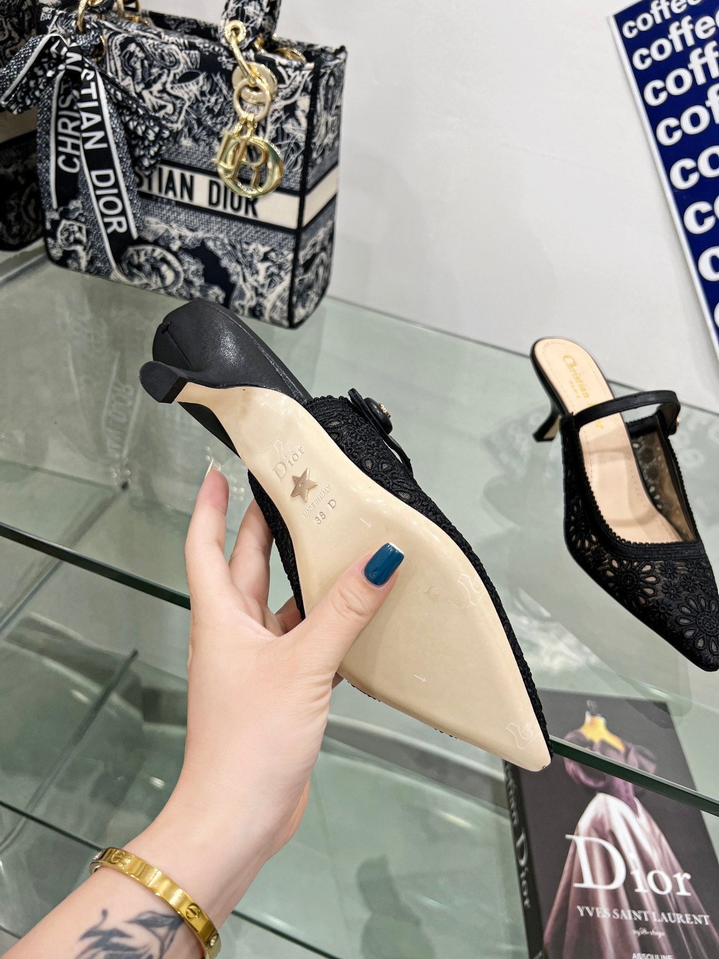 Luxury Diorpump 65 transparent mesh embroidered black flower moitf
