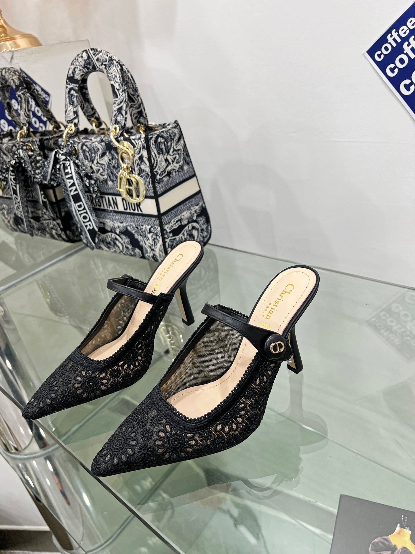 Luxury Diorpump 95 transparent mesh embroidered black flower moitf