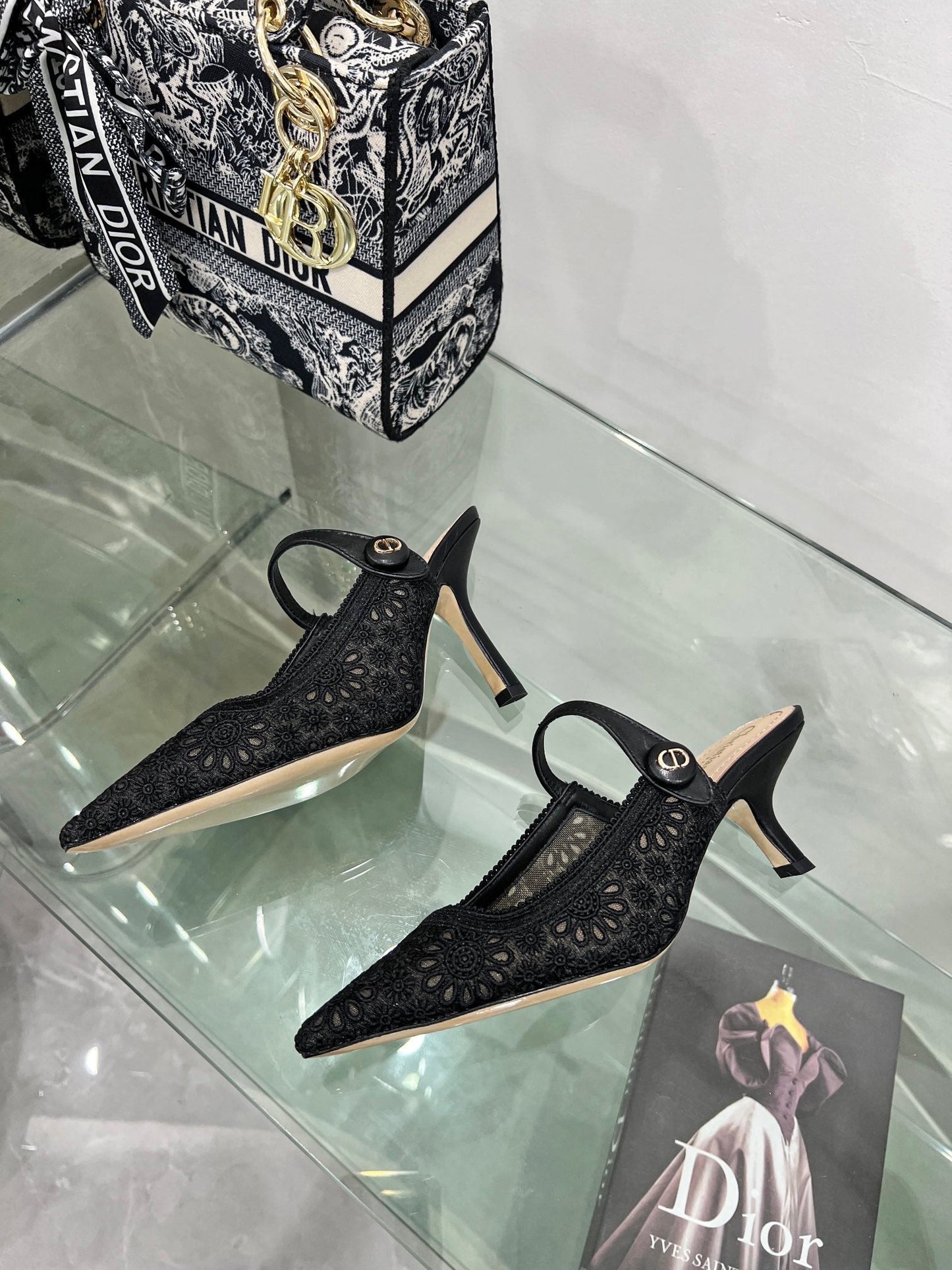 Luxury Diorpump 95 transparent mesh embroidered black flower moitf