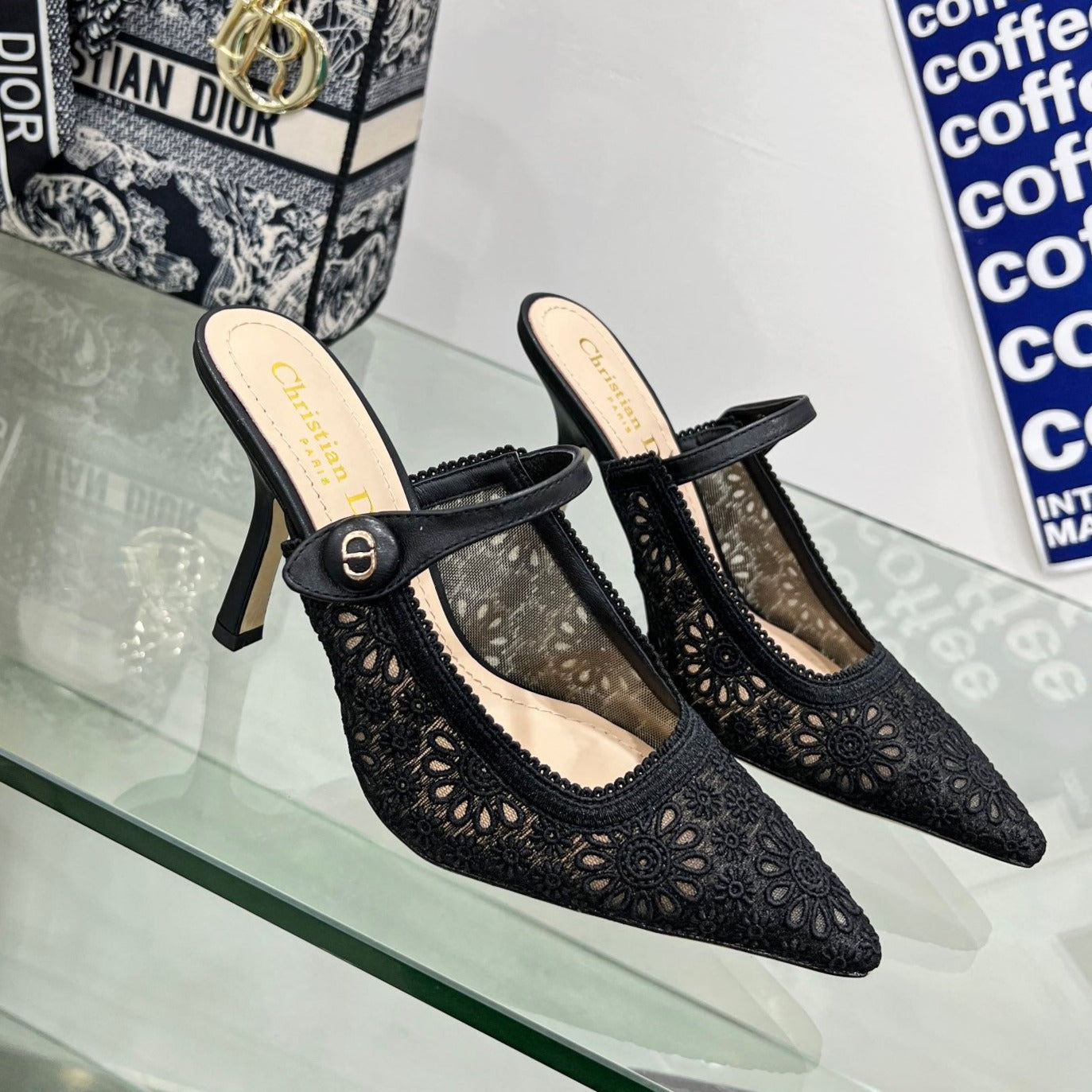 Luxury Diorpump 95 transparent mesh embroidered black flower moitf