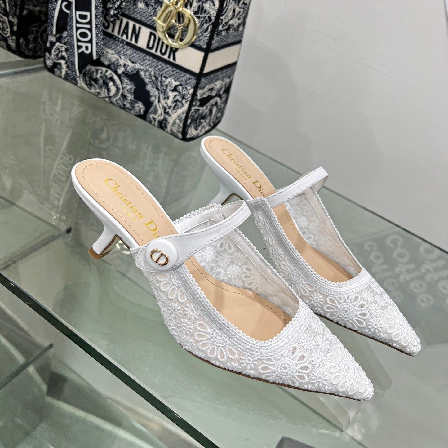 Luxury Diorpump 65 transparent mesh embroidered white flower moitf