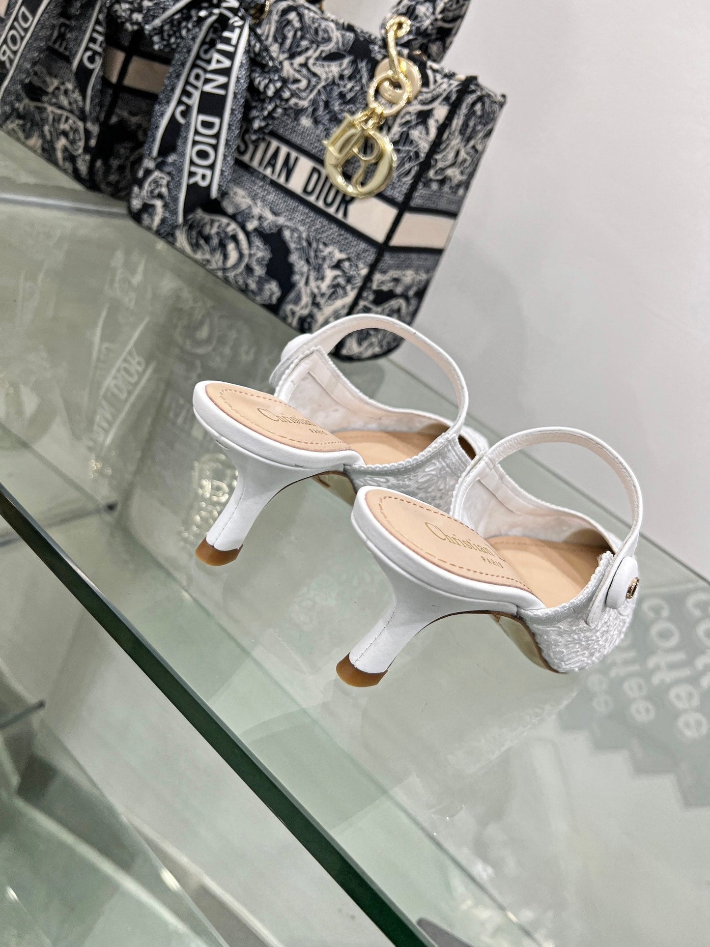 Luxury Diorpump 65 transparent mesh embroidered white flower moitf