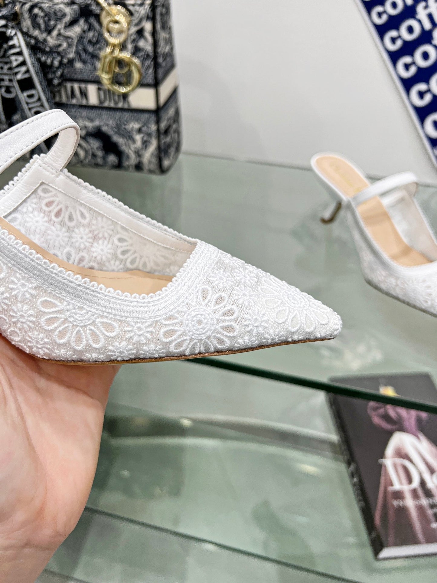 Luxury Diorpump 65 transparent mesh embroidered white flower moitf