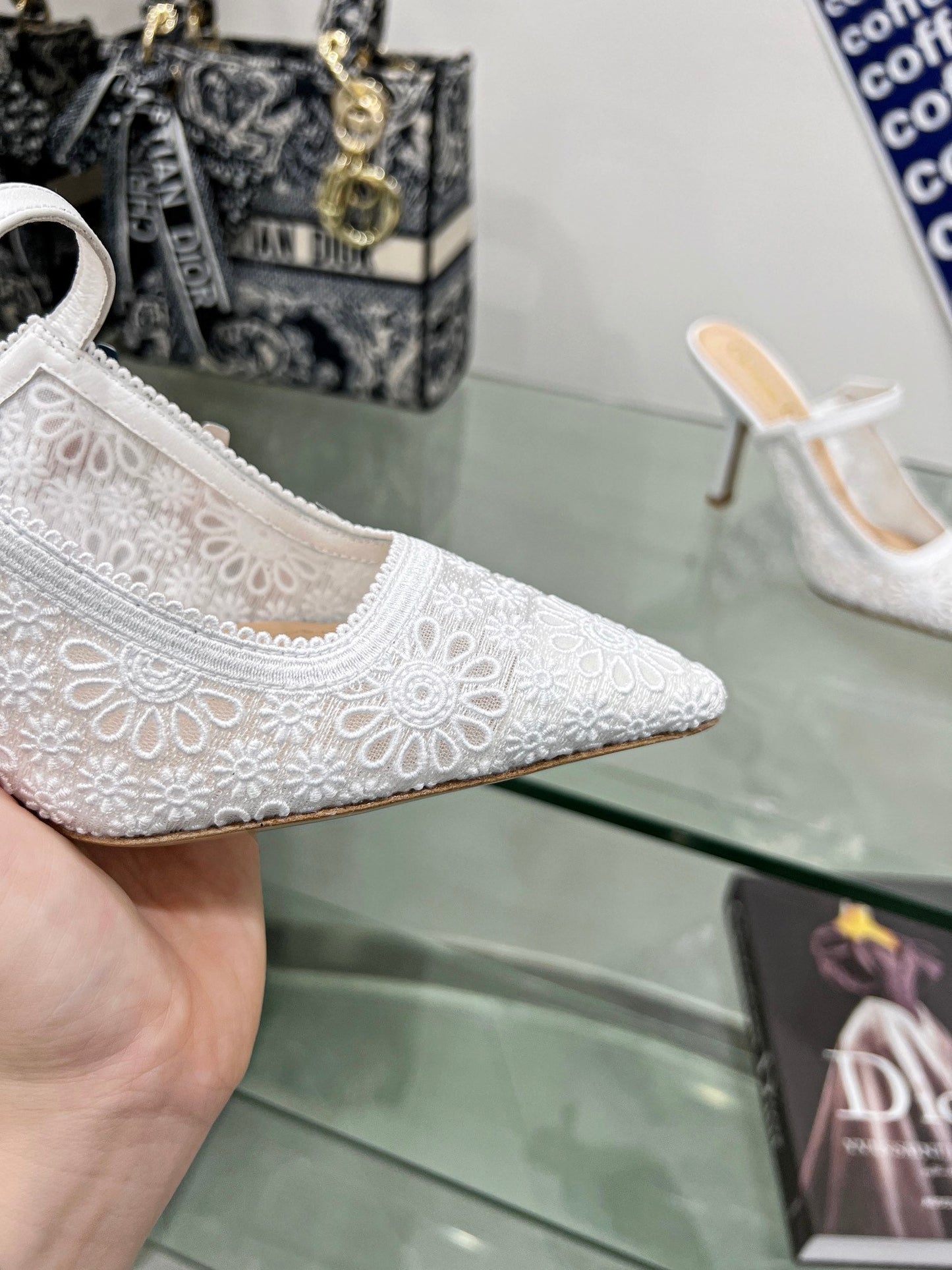 Luxury Diorpump 95 transparent mesh embroidered white flower moitif