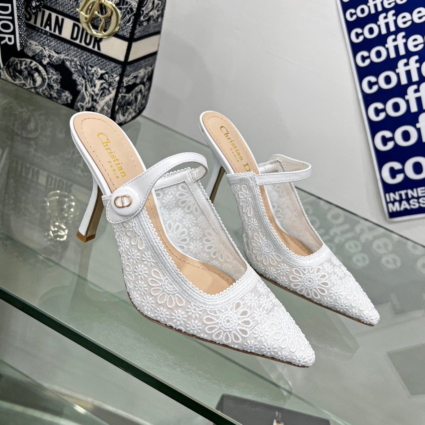 Luxury Diorpump 95 transparent mesh embroidered white flower moitif