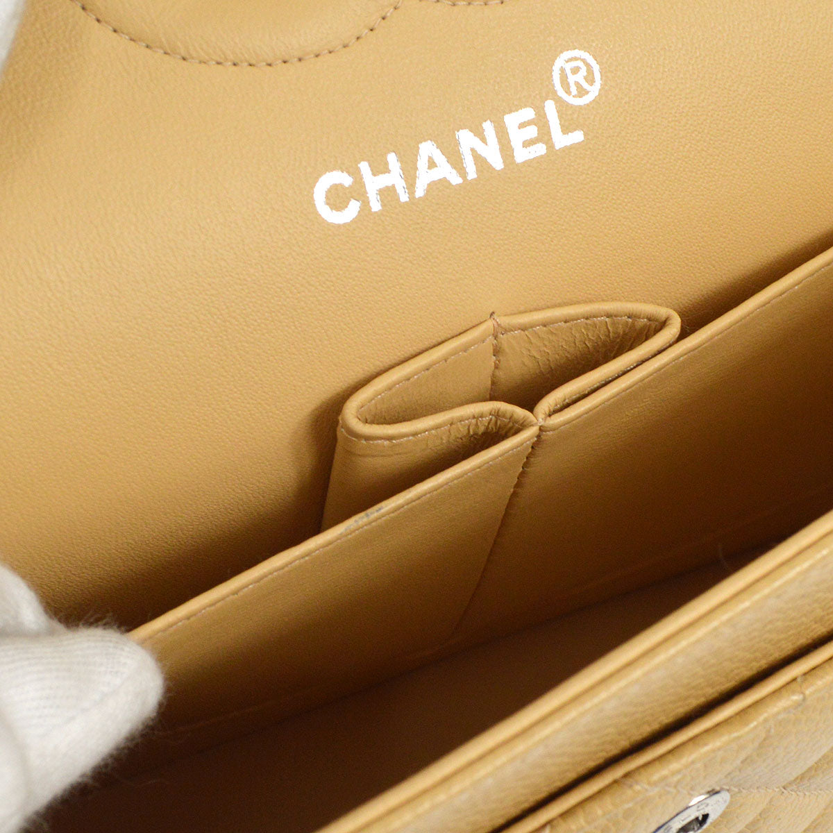 CHANEL Classic Double Flap Medium Shoulder Bag Beige Caviar 66603