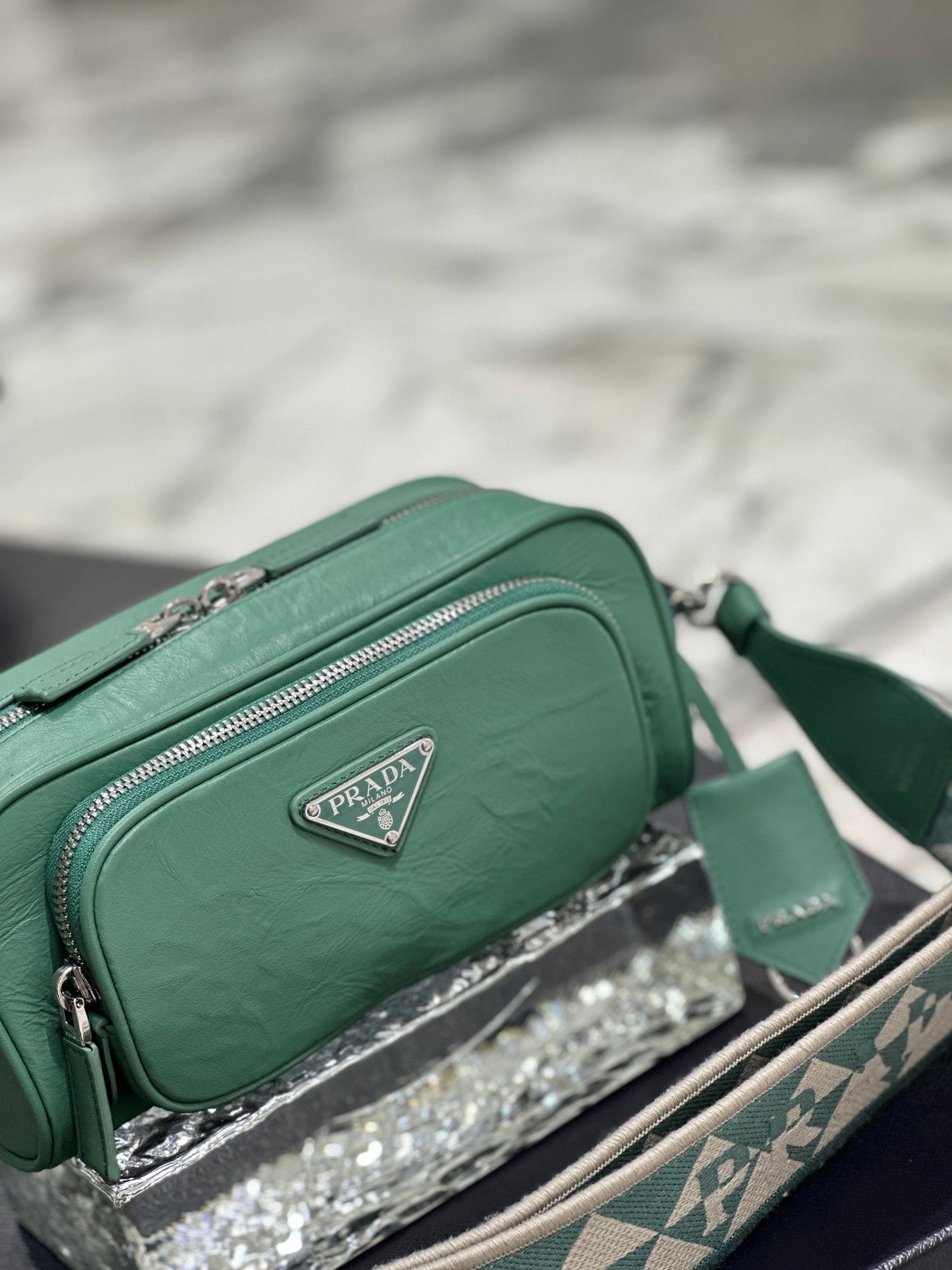 Luxury PradaCAMERA BAG 23 IN CASTLETON GREEN WRINKLED LAMBSKIN
