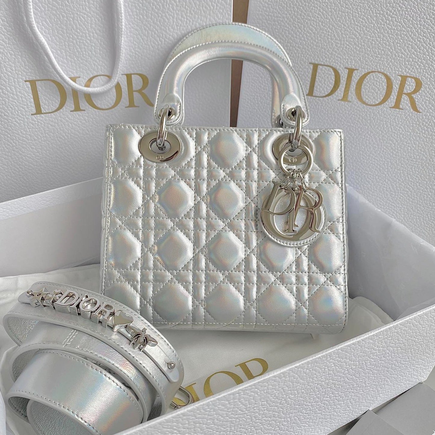 Luxury DiorSMALL LADY 20 SILVER METALIC LAMBSKIN