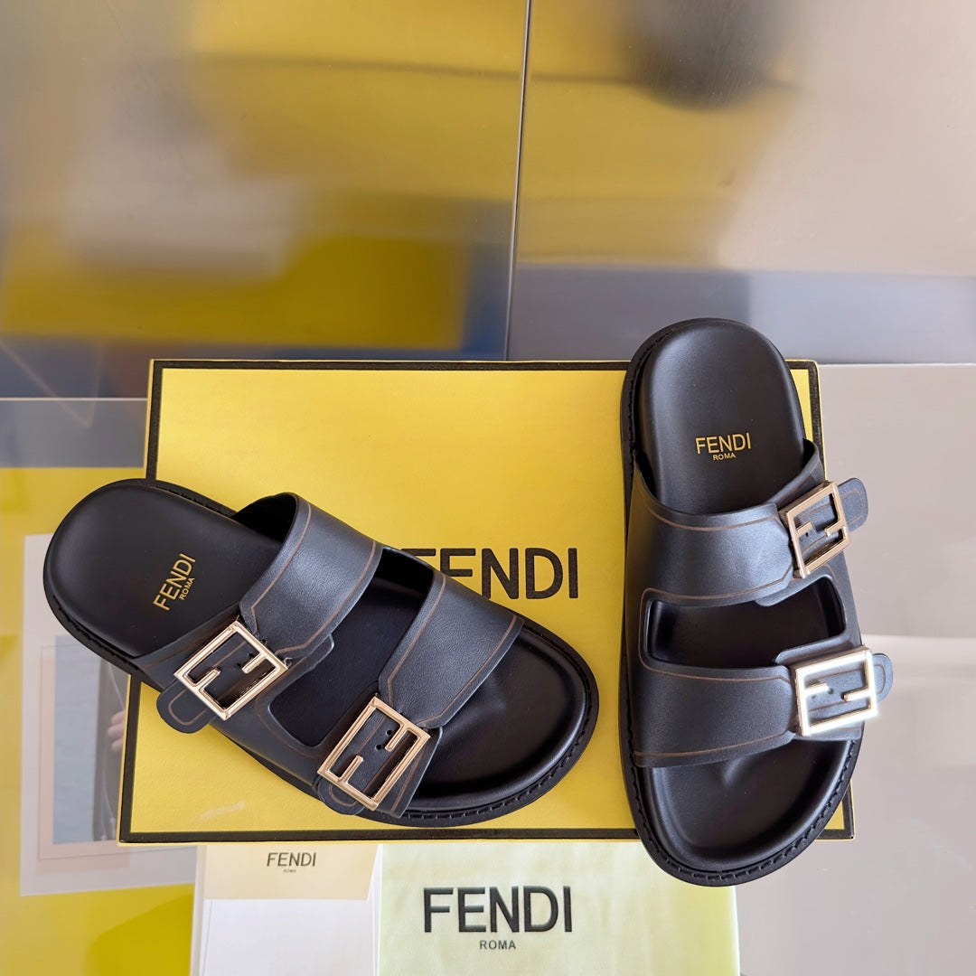 Luxury FendiLuxury FendiBAGUETTE DAD SANDALS IN BLACK CALFSKIN WITH GOLD HARDWARE